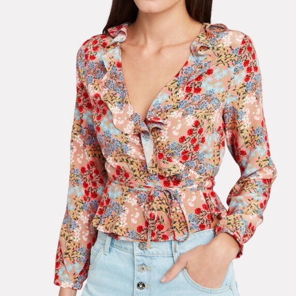 INTERMIX Silk printed Floral Ruffle Blouse Top Tie Front V-Neck Boho size 2 - Picture 1 of 16